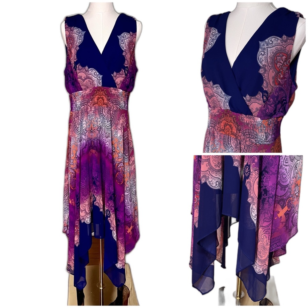 Rabbit Designs size 14 asymmetric bohemian dress, navy with multicolor overlayer